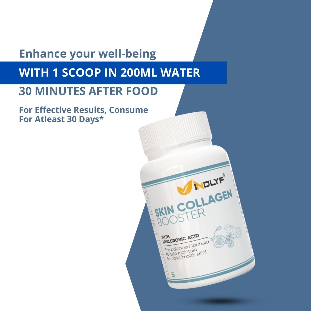 INDLYF Skin Collagen Booster - Collagen Supplements For Men & Women - Collagen Powder Helps Maintain Glowing Skin - Mixed Fruit Flavour-225 Grams